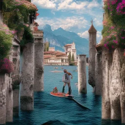 Man from behind is watching on tbe Lake Garda in Italy