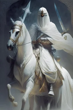 An Arab warrior holding two swords, sitting on horseback, wearing a white robe, strong, mysterious, frightening, fantasy, high quality