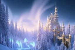 a magic fairy tale style, white and gold castle，waterfall, winter snow flakessnow, northern Lights, full of details, smooth, bright sunshine，soft light atmosphere, light effect，vaporwave colorful, concept art, smooth, extremely sharp detail, finely tuned detail, ultra high definition, 8 k, unreal engine 5, ultra sharp focus