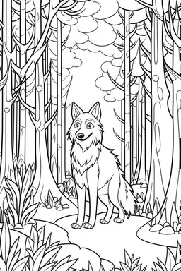 coloring page cute wolf in the forest, Very Simple, very Bold outlines, black and white, no shadows,