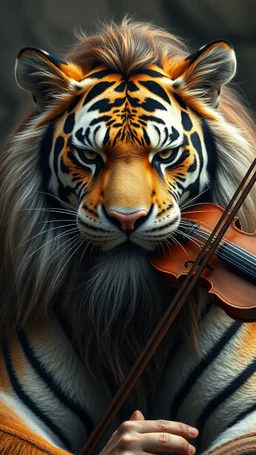 Tiger front view with human look face and long hair and beard playing the violin looks like an ancient Sumerian gods