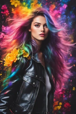 Close up Gorgeous Realistic Photography Super Model European Beautiful young woman,hair colors rainbows as Rocker with clothing abstracts flowers luxury casual leather jacket and levis jeans dressing painting art neons rainbow colors glowing in the dark and colorful details, light leaks boleh colors,flowers background