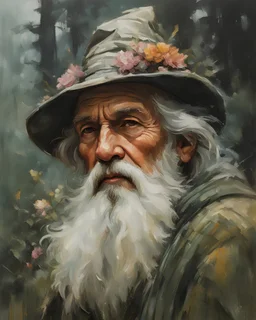Masterpiece, highest quality, oil color painting, Jeremy Mann style, realistic Highly detailed portrait of a forest hermit, looking like an old wizard, wearing a wizards's hat, flowers in his hat, fantasy style, portrait, vibrant colors, wrinkled face, realistic shaded perfect face, symmetrical eyes, perfect eyes