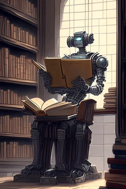 A huge library is serviced by computers, and there are many books on the shelves. The robot is sitting on a chair at the table and holding an antique book in his hands. Expression. High-quality drawing, 8K