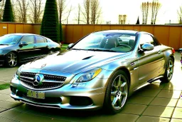 Foto aus dem Jahr 2010, typischer Mercedes-Benz-SLK-Fahrer steht stolz neben seinem Mercedes SLK