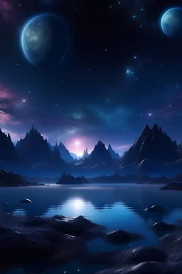 4k realistic Fantasy world galaxy, space, ethereal space, cosmos, water, panorama. Palace , Background: An otherworldly planet, bathed in the cold glow of distant stars. The landscape is desolate and dark, with jagged mountain peaks rising from the frozen ground. The sky is filled with swirling alien constellations, adding an air of mystery and intrigue. Old castle of london, detailed , enhanced, cinematic, with glowing moon and sun going down a castle