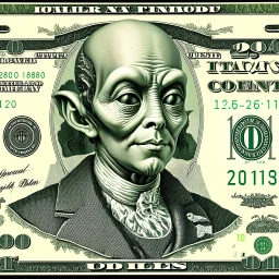 Dollar bill but with a portrait of an Alien Grey on it, hyperreal, satire, intricate details, fine details