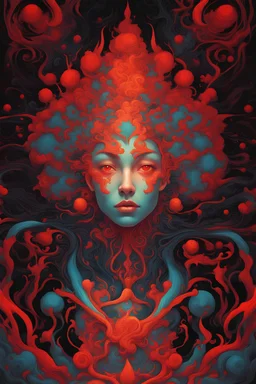 nebula in James Jean illustration style, vibrant colors, red colors, intricate details, ethnic ornament, ethereal lighting, digital painting, 4k resolution, black background