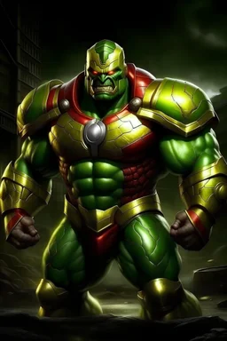 Hulk Power Ranger O Hulk Power Ranger é um herói poderoso que combina a força e a resistência do Hulk com a tecnologia e os poderes dos Power Rangers. Ele é um membro da equipe dos Power Rangers Gamma, que protege o planeta da ameaça de vilões mutantes. A roupa de ranger do Hulk é verde, com detalhes em preto e vermelho. O capacete tem a forma de uma cabeça de Hulk, com chifres e um sorriso feroz. A armadura é feita de um material resistente que pode suportar grandes impactos. Prompt para o