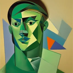 a painting of a man's face with a green background, a cubist painting by Pablo Picasso, reddit, cubism, picasso, cubism, constructivism