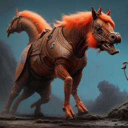 angry horse in orange and blue battle armor, a highly detailed illustration, background of Inka jungle, realistic render, 8 k, micro detail, intricate, elegant, centered, digital painting, Artstation, smooth, sharp focus, illustration, artgerm, tomasz alen kopera, peter mohrbacher, donato giancola, joseph christian leyendecker, wlop, boris vallejo