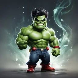 chibi cute caricature of Hulk as a 1950's clown, surrounded by will-o'-the-wisp, elegant, close wiew, dynamic pose, photorealistic rendering --ar 2:3 --stylize 500 --v 6