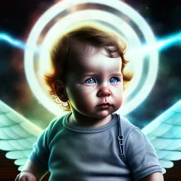 a happy human baby math genius called tobias leander with hair,halo, wings, drinking, sitting in chair, photo realistic spray painting, dark wood background