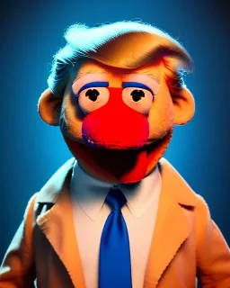 Waist up Portrait, Donald trump muppet, Sesame Street style, retro style, photo studio, blue background, unreal engine 5, god lights, ray tracing, RTX, lumen lighting, ultra detail, volumetric lighting, 3d.