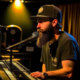 A short brown beard, DJ board,man with a baseball hat sing at microphone, on danchall , microphones,, laser lights, FRONT VIEW