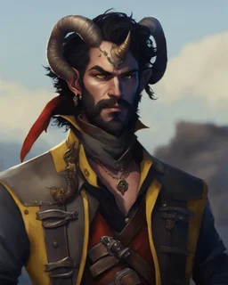 fantasy demon tiefling horned, small ram horns, rogue scoundrel happy go lucky, cheeky smirk, gunslinger pirate pistol, gray ashen skin, pirate gear, yellow shining cat eyes, black neck length hair, short black beard, yellow vest, leather ammo belt, big golden earring