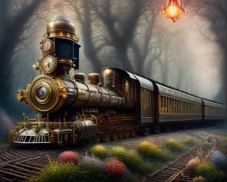 stunning hyperdetailed victorian steampunk steam train; meticulously hyperdetailed victorian engineering :: beautiful natural lighting :: photoillustration hyperrealism :: fantasy mixed media :: by Ian Miller By Android Jones By James Jean digital painting, digital illustration, extreme detail, digital art, 4k, ultra hd