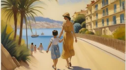 cote d'azur mother and child walking hand in hand from the back painting neoclassism 60