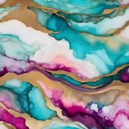 Alcohol ink art tile pattern. Vibrant, fantasy, delicate, ethereal. Sea. Shades of gold, magenta, aqua, turquoise, white. waves on shore. Background ink drip.