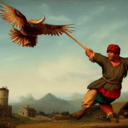 a peasant fighting a giant bird