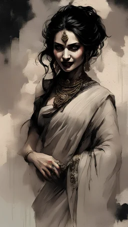 A stunning vampire woman in saree, her sharp fangs protruding from her alluring and mysterious smile. The dark background adds to the captivating allure of the scene. This mesmerizing portrait, created by artistic masters such as Michelangelo, Baptist Monge, Alberto Seveso, Jeremy Mann, Russ Mills, Luis Royo, Frank Frazetta, and WLOP, combines intricate details and masterful technique. The image, whether it be a painting, photograph, or digital artwork, is characterized by its exceptional qualit