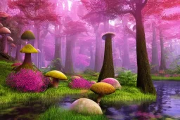 Fantasy dreamworks Paysage forêt maison dans les grands arbres avec champignons roses et une rivière bordée de grandes fleurs roses, lumiere volumetrique unity engine