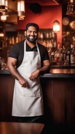 photography of a massive strong burly chubby indian barman 39 years old, short hair, short silver beard,, big shoulders, big calves, shy smling, photorealistic, side light, frontal view from the ground, in a casual bar shirtless wearing a white apron