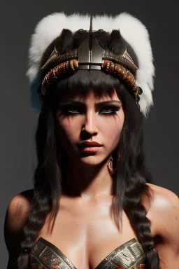 Barbarian character, animal hide armor, physically fit, tribal tattoos, washboard abs, dark eyeshadow, intricate eyeliner, soft round eyes, beads in hair, 8k resolution, cinematic smooth, intricate details, vibrant colors, realistic details, masterpiece, oil on canvas