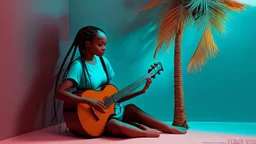 surreal and dreamlike, In a bustling corner, a young Black woman with braided hair is seated beside a tired palm tree, playing a stringed instrument. The scene is illuminated by soft light, with the sounds of whispers and chatter swirling above., saturated, pastel, dreamy atmosphere, liquid psychedelic