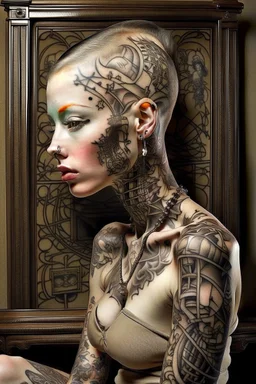 MJ Prompt: a bald white girl with facial tattoos sitting in front of something metal, facial tattoos, in the style of surrealist automatons, peter lippmann, mechanical designs, symmetrical arrangement, kadir nelson, olivier valsecchi, intricate still lifes --ar 4:5