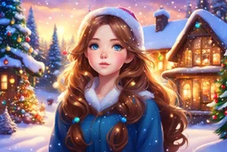 Beautiful Christmas anime girl with shiny light brown hair, lovely sparkling blue eyes, surrounded by Christmas trees and other festive decorations, cute cottages, twinkling lights, snow landscape, sunset light, digital painting, vivid colors