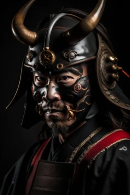 samurai with crescent moon helmet and oni mask portrait