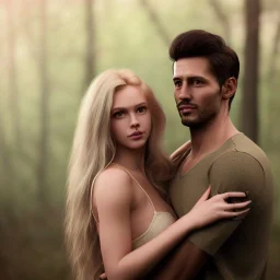 A photo realistic portrait of a stunning blonde girl and a handsome muscular dark haired man in a lovers embrace standing in a forrest