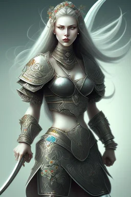 lady warrior with white top and flowers