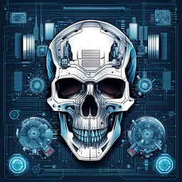 FLAT VECTOR LAYERED IMAGE OF CYBERNETIC SKULL PARTS IN A SCHEMATIC