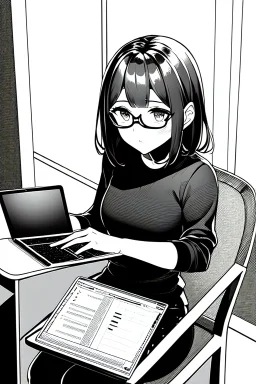 girl with glasses works on a laptop sitting in a cafe, line arts, greyscale