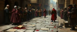 d&d fantasy art, style of Rembrandt,Dead drop discovery: While walking, a party member stumbles upon a small, blood-stained package hidden in a gutter. It contains a coded message to a cult of the Dead Three. 9-10 Parade of the Patriars: A noble's procession blocks the street. The crowd is forced to bow, and guards roughly shove anyone who doesn't move quickly enough.
