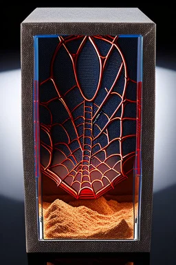 Spiderman's close up footprint lodged within sand in a neat, square display glass box, "spiderman" engraved on small metal plate outside of the box, realistic and highly detailed, 8k