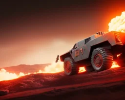 wide angle of Gi joe driving A lunar armored rover with tracks and claw and orange, troops, big Erupting volcano, White headlights