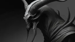 A black and white, close-up, profile shot of a creature's head and shoulders. The creature has a long, narrow snout, large, curved horns, and a textured, wrinkled neck. It is wearing a dark, hooded robe. A faint, circular halo-like shape is visible behind its head. The background is a dark, muted gray.