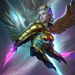 A battle suit made of galaxies and stars with a glove that has seven endless stones,A god-like man with infinite power who owns the galaxies,God-like man with infinite power who owns the galaxies and wears a beautiful crown, a jewel of diamonds and galaxies with weapons riding on a creature with an eagle head and eagle wings and eagle hands