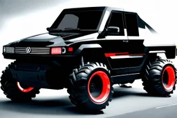 a super futuristic car, for all terrain, pickup fashion, black and red colors, big wheels, inspired on volks waguen combi, stay on street full of zombies