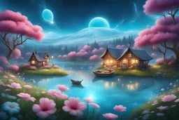 Fantasy cities with magical cabins in the background , sweet hills, frozen turquoise lake in the foreground, magical landscape, magical atmosphere, sweet hills in the background, a lot of details,a small boat on the lake, white and pink flowers over there, luminous blue sky with stars, an only small very bright flying saucer in the sky, a lot of sparks of light everywhere