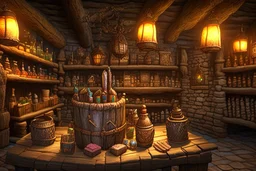 inside of a medieval shop, wooden walls, log pillars, stone bar with shop keeper behind it, magical ingredients on display and weapons on display. people, elves, goblins, orcs, dwarves and lizard folk in room. low lighting and creatures in containers. shelves half empty