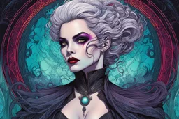 full color full body illustration of a surreal, ethereal, futuristic female vampire time traveler, with highly detailed hair and facial features in the style of Sveta Dorosheva and Travis Charest, detailed and sharply defined line work and inking, vibrant natural color palette, 4k, on an ornate abstract background