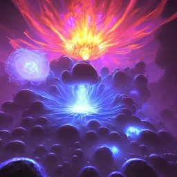 Spherical Frost metal magic armoured lightning Mycelium giant blob MUSHROOM flower erupting with BLUE FLAMES hellfire abyss stars SPACE lANDSCAPE