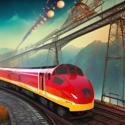 Magical train, hovering above rails, colorful, mountainside bridge