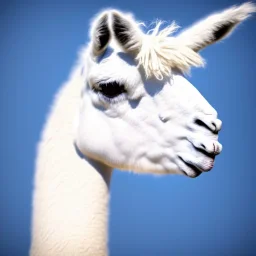 photo, white llama with blue eyes staring at camera, white background, realistic, high detail