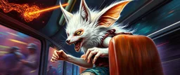 master oil painting by Rembrandt, scary ai sami white fox gremlin woman on buss through space neon comet shower , motion blur background, goa trance poster