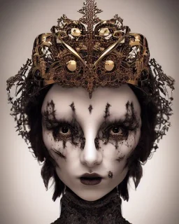 upper bust portrait, the queen of uncanny valley, large doll-like eyes, corset, intricate metal work crown, multiple sets of eyes on face, 8k resolution concept art, dynamic lighting, intricately detailed, hyperdetailed, beautiful, ethereal, golden hour, (extra eyes), gothic, creepy, unsettling, disfigured